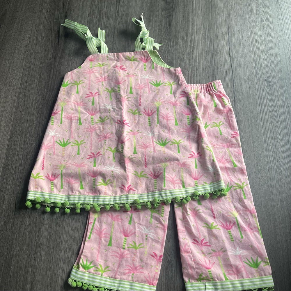 Handmade Pink Palm Tree Girl 2pc Set Sz 6/7 Preppy Palm Tree
